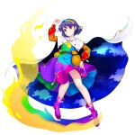  1girl bag blue_hair boots cape closed_mouth full_body game_cg highres long_sleeves looking_at_viewer multicolored_clothes multicolored_hairband pointing pointing_down pointing_up purple_footwear rotte_(1109) short_hair simple_background smile solo starry_sky_print tenkyuu_chimata third-party_source touhou touhou_lost_word violet_eyes white_background white_cape 
