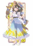  1girl animal_ears aruya_(flosrota) bag blue_bow blue_ribbon blue_skirt blush border bow braid commentary dog dog_ears dog_girl dog_tail flower full_body hand_up hat hat_bow hat_ribbon high_heels highres light_smile long_hair long_skirt looking_at_viewer original ribbon see-through see-through_shirt shirt sidelocks signature simple_background skirt smile solo sun_hat tail twitter_username violet_eyes white_background white_flower white_footwear white_shirt yellow_flower 