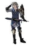  1boy black_footwear black_gloves fire_emblem fire_emblem_fates full_body gambeson gloves grey_hair highres holding holding_sword holding_weapon kozaki_yuusuke_(style) laslow_(fire_emblem) peacefulandflat shield smile sword weapon 