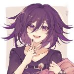  1boy :d black_nails brown_jacket checkered_clothes danganronpa_(series) danganronpa_v3:_killing_harmony grey_background hands_up highres holding jacket jewelry long_sleeves male_focus medium_hair nail_polish oma_kokichi purple_hair purple_shirt ring shirt smile solo teeth tongue translation_request violet_eyes white_background wunai_(kokichi79940542) 