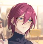  black_shirt blue_eyes blurry blurry_background ensemble_stars! fingernails glasses hair_between_eyes hand_up holding holding_pen parted_lips pen purple_hair rrr_(reason) saegusa_ibara shirt short_hair sleeveless sleeveless_turtleneck turtleneck 