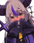  1girl ascot blush brown_eyes demon_girl demon_horns eyelashes grey_hair hair_between_eyes heart heart_in_eye highres hololive horns la+_darknesss long_hair multicolored_hair open_mouth pointy_ears purple_horns shy sleeves_past_fingers sleeves_past_wrists soaru8239 streaked_hair striped_horns symbol_in_eye virtual_youtuber white_background yellow_ascot 