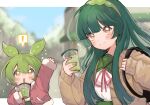  ! 2girls :3 ahoge alternate_costume arm_up bag blurry blurry_background blush brown_cardigan cardigan closed_mouth coat commentary_request drink drinking fur-trimmed_coat fur_trim green_hair green_hairband green_nails green_sailor_collar hair_over_shoulder hairband highres hikimayu hime_cut holding holding_drink letterboxed light_particles long_hair long_sleeves looking_at_viewer multiple_girls neck_ribbon open_cardigan open_clothes open_coat outdoors outside_border pinky_out red_coat red_ribbon ribbon sailor_collar school_uniform serafuku shirt shirt_tucked_in shoulder_bag smile spoken_exclamation_mark touhoku_zunko town uchisaki_himari upper_body v-shaped_eyebrows voiceroid voicevox white_shirt yellow_eyes zundamon 