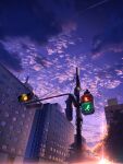  absurdres building city clouds evening highres no_humans original outdoors power_lines scenery sky smile_(qd4nsvik) sunset traffic_light tree 