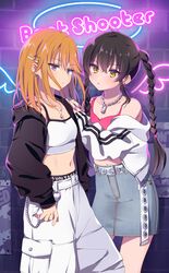  2girls absurdres alternate_costume baggy_pants black_hair braid breasts brown_eyes camisole casual chain clothes_writing crop_top denim denim_skirt hair_between_eyes hands_on_another&#039;s_shoulders highres idolmaster idolmaster_cinderella_girls idolmaster_cinderella_girls_u149 long_hair matoba_risa medium_hair midriff multiple_girls navel neon_lights off-shoulder_sweater off_shoulder open_clothes open_mouth orange_hair pants riku_(melty_drop) skirt small_breasts sweater twin_braids twintails violet_eyes yuuki_haru 