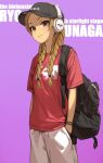  1girl alternate_costume backpack bag baseball_cap black_bag blush braid breasts brown_hair casual character_name copyright_name forehead hands_in_pockets hat headphones highres idolmaster idolmaster_cinderella_girls looking_at_viewer matsunaga_ryo pants purple_background red_shirt shirt short_sleeves simple_background small_breasts smile solo stariklil twin_braids white_pants 