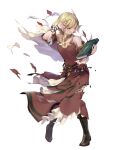  1girl bare_shoulders belt blonde_hair book boots breasts citrinne_(fire_emblem) dress feathers fire_emblem fire_emblem_engage fire_emblem_heroes full_body gold_trim hair_ornament hand_up highres holding holding_book jewelry knee_boots long_dress medium_breasts ne-on necklace non-web_source official_art one_eye_closed pantyhose short_hair solo torn_clothes torn_dress transparent_background violet_eyes 