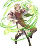  1girl armpits bare_shoulders belt blonde_hair book boots breasts capelet citrinne_(fire_emblem) dress feathers fire_emblem fire_emblem_engage fire_emblem_heroes floating floating_object full_body gold_trim hair_ornament hands_up highres knee_boots long_dress magic medium_breasts ne-on non-web_source official_art open_book open_mouth pantyhose short_hair smile solo teeth transparent_background upper_teeth_only violet_eyes 