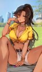  1girl bracelet breasts brown_hair dark-skinned_female dark_skin foxyreine highres jewelry large_breasts long_hair looking_at_viewer nail_polish navel necklace original outdoors shirt shorts sitting solo thick_thighs thighs 