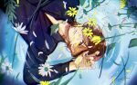  1boy black_shirt blue_background brown_eyes brown_hair closed_mouth commentary daisy flower flower_over_eye hair_between_eyes hand_up highres kotobuki_reiji leaf light_smile long_sleeves looking_at_viewer male_focus maso_(maso_1222) open_collar petals ripples shirt short_hair signature solo upper_body upside-down uta_no_prince-sama white_flower wing_collar yellow_flower 