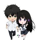  1boy 1girl :o artist_logo black_hair black_pants blush brown_hair chibi dress_shirt green_eyes heart highres holding_hands hyouka kamiyama_high_school_uniform_(hyouka) long_hair looking_at_another looking_at_viewer mery_(yangmalgage) open_mouth oreki_houtarou pants pointing pointing_forward sailor_collar school_uniform serafuku shirt short_hair simple_background skirt socks violet_eyes watch watch white_background white_shirt white_socks 