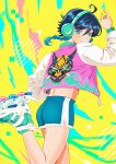  1boy ahoge alternate_costume black_hair blue_hair blue_shorts braid genshin_impact green_nails headphones highres jacket looking_at_viewer male_focus neetols roller_skates short_hair_with_long_locks shorts skates solo standing standing_on_one_leg twin_braids venti_(genshin_impact) zipper 