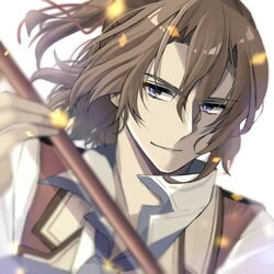  1boy blurry blurry_background brown_hair double-parted_bangs eiyuu_densetsu gaius_worzel hair_between_eyes looking_at_viewer mullet natsusechoco portrait sen_no_kiseki smile solo thors_military_academy_class_vii_uniform violet_eyes 