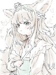  1girl animal_ear_fluff animal_ears arknights black_cat blonde_hair blush cardigan cat commentary creature_on_head crossover fox_ears fox_girl fox_tail frilled_hairband frills green_eyes green_hairband green_skirt hair_ornament hair_scrunchie hairband heart heixiu highres kitsune kyuubi long_hair long_sleeves looking_at_viewer luo_xiaohei_zhanji multiple_tails neck_ribbon official_alternate_costume open_cardigan open_clothes pale_color parted_lips puffy_long_sleeves puffy_sleeves ribbon scrunchie shirt skirt sutoa suzuran_(arknights) suzuran_(spring_praise)_(arknights) symbol-only_commentary tail upper_body 