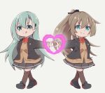  2girls aqua_hair blazer bow bowtie brown_hair brown_jacket brown_skirt brown_thighhighs cardigan dress full_body green_eyes heart heart_hands heart_hands_duo highres honma_(honmatomohiro) jacket kantai_collection kumano_(kancolle) kumano_kai_ni_(kancolle) long_hair multiple_girls orange_bow orange_bowtie pleated_dress pleated_skirt ponytail school_uniform simple_background skirt suzuya_(kancolle) suzuya_kai_ni_(kancolle) thigh-highs tongue tongue_out white_background 