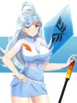  1girl arcedo blue_eyes blue_hair blue_headwear blue_skirt breasts buttons collared_shirt gloves golf_club hand_on_own_hip holding holding_golf_club kahili_(pokemon) large_breasts light_blue_hair long_hair mole mole_under_eye pokemon pokemon_(game) pokemon_sm shirt short_sleeves single_glove skirt solo striped striped_shirt visor_cap z-crystal 