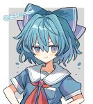  1girl blue_eyes blue_hair blush border bow bowtie breast_pocket cirno fangs forked_eyebrows grey_background hair_between_eyes highres looking_at_viewer medium_hair pocket red_bow red_bowtie sailor_collar shirocha_tei short_sleeves smile solo touhou twitter_username upper_body white_border 