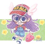  1girl blue_overalls character_name dr._slump flower full_body glasses grin heart long_hair norimaki_arale overalls poop purple_hair red_headwear red_shirt round_eyewear shirt signature smile socks solo stellaenowa t-shirt violet_eyes white_footwear white_socks winged_hat yellow_flower 