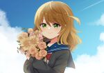 1girl alternate_costume amicia_michella black_cardigan blue_sailor_collar blue_sky blush bouquet bow brown_hair cardigan closed_mouth clouds crossed_arms day flower green_eyes highres holding holding_bouquet kyuzuki89 looking_at_viewer nijisanji nijisanji_id orange_flower parted_bangs red_bow sailor_collar sky smile solo upper_body virtual_youtuber 
