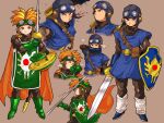  2boys belt black_bodysuit blue_eyes blue_gloves blue_headwear blue_tunic bodysuit boots cape closed_mouth commentary_request cousins cropped_torso dragon_quest dragon_quest_ii fighting_stance full_body gloves goggles goggles_on_headwear green_footwear green_gloves green_tabard highres holding holding_polearm holding_shield holding_sword holding_weapon looking_at_viewer male_focus multiple_boys multiple_views orange_cape orange_hair piyoko_saito polearm prince prince_of_lorasia prince_of_samantoria shield shoulder_belt simple_background spiky_hair standing sword tabard turtleneck upper_body weapon 
