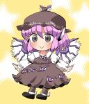  1girl animal_ears bird_ears bird_wings black_footwear blush brown_dress brown_headwear brown_socks closed_mouth collared_shirt dress full_body grey_eyes hair_between_eyes highres kneehighs long_sleeves mystia_lorelei pink_hair rokugou_daisuke shirt shoes short_hair signature sleeve_garter smile socks solo touhou white_shirt white_wings winged_hat wings 