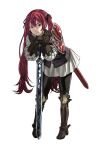  1girl :&lt; armor armored_boots black_gloves black_pantyhose black_ribbon boots closed_mouth commentary_request fire_emblem fire_emblem_fates full_body gloves hair_between_eyes hair_ribbon highres holding holding_sword holding_weapon long_hair long_sleeves looking_at_viewer pantyhose pauldrons peacefulandflat red_eyes redhead ribbon selena_(fire_emblem_fates) shoulder_armor simple_background single_pauldron solo sword twintails very_long_hair weapon white_background 