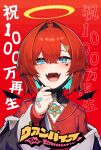 ! !! 1girl absurdres ange_katrina bandaid blue_eyes congratulations fangs hair_between_eyes hair_intakes halo hatyuuruinohito heart highres looking_at_viewer mask nijisanji open_mouth red_background redhead short_hair skin_fangs solo teeth tongue translation_request upper_body 