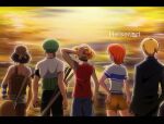  1girl 4boys artist_name back bandana bare_shoulders black_hair blonde_hair clenched_hand earrings from_behind green_hair hand_on_headwear hand_on_own_hip hat jewelry katana melonciutus monkey_d._luffy multiple_boys nami_(one_piece) one_piece orange_hair overalls roronoa_zoro sanji_(one_piece) sheath sheathed shirt short_hair single_earring straw_hat sunset sword usopp weapon 