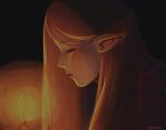  1girl absurdres artist_name blush brown_hair candle closed_eyes dark_background elf highres long_hair nyiccco original pointy_ears portrait profile solo 