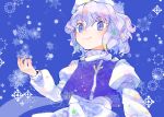  1girl blue_background blue_vest closed_mouth hair_between_eyes hat itomugi-kun juliet_sleeves lapel_pin letty_whiterock light_purple_hair long_sleeves puffy_sleeves short_hair smile snowflakes solo touhou upper_body vest violet_eyes white_headwear 