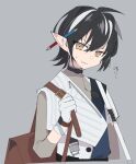  1boy arknights bag black_hair cropped_torso gloves grey_background grey_hair hair_between_eyes highres looking_at_viewer male_focus minimalist_(arknights) multicolored_hair mzh pencil_behind_ear pointy_ears simple_background solo streaked_hair sweat upper_body white_gloves white_hair 