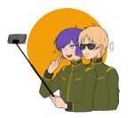  ... :d blonde_hair bright_pupils cellphone char_aznable commentary cropped_torso garma_zabi gundam holding holding_stick long_sleeves looking_at_phone male_focus mobile_suit_gundam_the_origin noodleko open_mouth orange_background phone purple_hair selfie selfie_stick short_hair simple_background smartphone smile sparkle spoken_ellipsis stick sunglasses taking_picture teeth two-tone_background upper_body upper_teeth_only v violet_eyes white_background white_pupils 