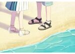  1boy 1girl anklet beach commentary dress feet highres jewelry kamishiro_rui kanaria_wa_kyuukyou_ni_utau_(project_sekai) kusanagi_nene n_ps_7 ocean out_of_frame project_sekai sand sandals standing strappy_heels toenails toes 