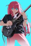  1girl black_bracelet black_shirt blue_eyes bocchi_the_rock! bracelet clenched_teeth cube_hair_ornament gotoh_hitori guitar hair_between_eyes hair_ornament highres holding holding_instrument instrument jewelry long_hair pants pink_hair pink_pants plectrum shirt simple_background solo sweat t-shirt teeth yamamura_saki 