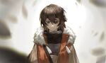  absurdres arknights black_hair blurry brown_eyes character_request chinese_commentary closed_mouth commentary_request depth_of_field facing_viewer five-fall fur-trimmed_jacket fur_trim hair_between_eyes highres jacket looking_down medium_hair orange_jacket solo straight-on upper_body 