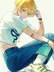  1boy blonde_hair blue_pants bracelet dog_tags green_footwear hand_in_pocket highres jewelry limbus_company looking_at_viewer necklace pants parted_lips project_moon shirt shoes short_hair simple_background sinclair_(limbus_company) sneakers socks solo szztzzs t-shirt v white_background white_shirt white_socks yellow_eyes yellow_nails 