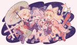  3girls animal_ears arknights avossu black_bow black_footwear black_skirt blonde_hair blue_eyes blush bobby_socks bow cat_ears cat_girl closed_mouth commentary floral_print fox_ears fox_girl fox_tail green_eyes green_umbrella grey_hair hair_between_eyes hair_bow hairband hakama hakama_skirt highres holding holding_umbrella japanese_clothes kimono kitsune kyuubi long_hair long_sleeves mint_(arknights) mint_(tsukiyoi)_(arknights) multiple_girls multiple_tails obi official_alternate_costume oil-paper_umbrella okobo one_eye_closed orange_eyes pleated_skirt ponytail red_hairband sash scene_(arknights) scene_(betsushi)_(arknights) shoes short_hair skirt socks suzuran_(arknights) suzuran_(yukibare)_(arknights) tail umbrella white_socks 