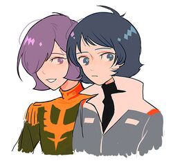  2boys black_shirt blue_eyes blue_hair blue_jacket frown garma_zabi green_jacket grin gundam hair_over_one_eye high_collar jacket kamille_bidan looking_at_another male_focus military_uniform mobile_suit_gundam multiple_boys noodleko portrait purple_hair shirt short_hair sideways_glance simple_background smile turtleneck uniform violet_eyes white_background zeta_gundam 