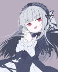  1girl black_dress black_wings blunt_bangs dress frills gothic_lolita grey_hair hairband lolita_fashion lolita_hairband long_hair long_sleeves looking_at_viewer mzh open_mouth red_eyes rozen_maiden simple_background sketch solo suigintou wings 