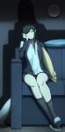  1girl :/ black_hair black_jacket black_socks blue_eyes chinese_commentary clock closed_mouth commentary_request couch head_rest highres indoors jacket long_hair long_sleeves looking_at_viewer maoyu_baiyue off_shoulder on_couch open_clothes open_jacket original pillow sandals shadow shirt sitting socks solo wall_clock white_footwear white_shirt 