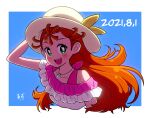  1girl alternate_hairstyle arm_up artist_name blue_background commentary cropped_torso dated frilled_shirt frills green_eyes hair_down hand_on_headwear hat hat_ribbon jewelry long_hair looking_at_viewer natsuumi_manatsu necklace open_mouth orange_hair out_of_frame pink_shirt precure ribbon shell_necklace shirt signature smile solo sun_hat tropical-rouge!_precure upper_body white_headwear yellow_ribbon zerolay 