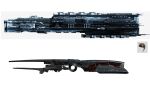  3d amarr_empire_(eve_online) battleship_(eve_online) caldari_state_(eve_online) commentary concept_art eve_online frigate_(eve_online) from_side glowing highres military_vehicle no_humans nym182 original realistic rokh_(eve_online) science_fiction size_comparison size_difference vehicle_focus white_background 