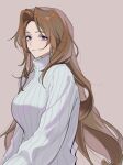  1girl absurdres blue_eyes breasts brown_hair closed_mouth highres large_breasts limbus_company long_hair long_sleeves parted_lips project_moon ribbed_sweater rodion_(limbus_company) sidelocks smile solo sweater szztzzs turtleneck turtleneck_sweater very_long_hair white_sweater 