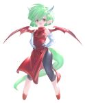  armpit_peek black_pants china_dress chinese_clothes draco_centauros dragon_horns dragon_tail dragon_wings dress elbow_gloves full_body gloves green_hair hands_on_own_hips highres horns open_mouth pants puyopuyo red_dress red_footwear red_wings short_hair simple_background sleeveless sleeveless_dress standing tail toiku white_background white_gloves wings yellow_eyes 
