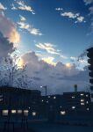  anyotete blue_sky building city cityscape clouds commentary_request crosswalk flock highres lamppost no_humans original outdoors power_lines scenery sign sky tree 