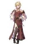  1girl bare_shoulders belt blonde_hair blush boots breasts capelet citrinne_(fire_emblem) closed_mouth dress feathers fire_emblem fire_emblem_engage fire_emblem_heroes full_body gold_trim hair_ornament hand_on_own_chest hand_on_own_hip hand_up highres jewelry knee_boots long_dress looking_at_viewer medium_breasts ne-on necklace non-web_source official_art pantyhose short_hair smile solo standing transparent_background violet_eyes 