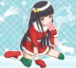  1girl bell black_hair blue_background blue_eyes blush boots christmas closed_mouth commentary_request deer dot_nose dress full_body fur-trimmed_boots fur-trimmed_dress fur-trimmed_footwear fur-trimmed_gloves fur_trim gloves green_thighhighs hair_bell hair_ornament hime_cut himegami_aisa long_hair looking_at_viewer merry_christmas red_dress red_footwear red_gloves santa_boots santa_dress shin_(highest1192) short_sleeves sidelocks sitting smile snowflakes solo star_(symbol) thigh-highs thighs toaru_majutsu_no_index very_long_hair wariza 
