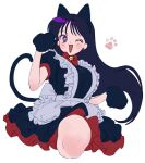  1girl animal_ears animal_hands apron bell bishoujo_senshi_sailor_moon black_dress black_gloves blush breasts bright_pupils cat_ears cat_tail dress earrings gloves hair_behind_ear hino_rei jewelry maid_apron medium_breasts one_eye_closed p_m_ame paw_gloves paw_print running smile solo tail violet_eyes white_background white_pupils 