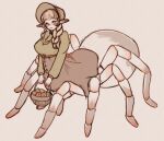  1girl absurdres apple arachne arthropod_girl artist_name basket blush bonnet braid breasts brown_skirt bug food fruit full_body highres large_breasts long_hair long_sleeves monster_girl nyiccco pointy_ears simple_background sketch skirt smile solo spider spider_girl standing taur 