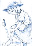  boots food fruit hat hinanawi_tenshi leaning_forward long_hair monochrome peach profile rock sketch sword sword_of_hisou touhou traditional_media tying vent_arbre weapon 